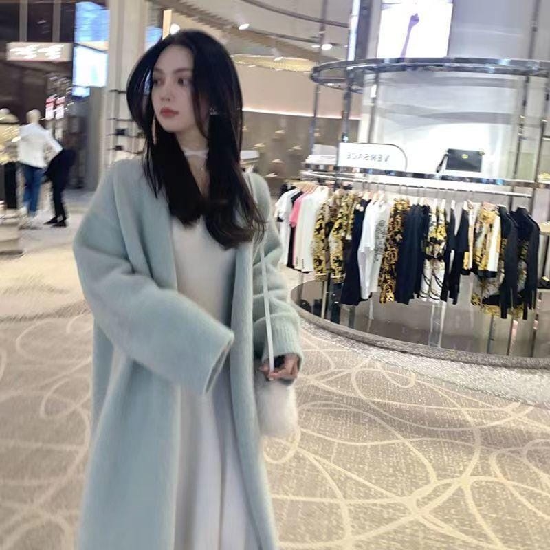 Women's Long Wool Cardigan Coat - Elegant and Plain Design